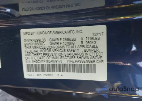 2018 Honda Accord Lx из США, поврежденный, VIN 1HGCV1F18JA069178